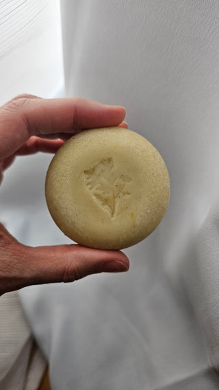 Hand holding a bar of handmade natural soap with MARUSHA logo against a neutral background