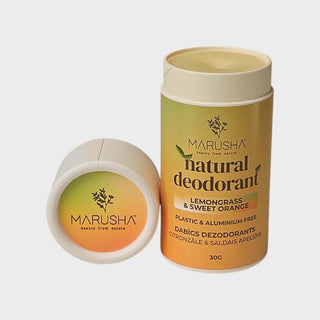 A 30g jar of MARUSHA Natural Deodorant in Lemongrass & Sweet Orange scent, shown next to its lid which features a green-to-orange gradient label, on a light gray background.
