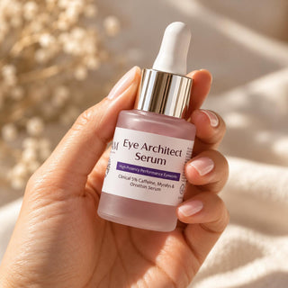 A hand holding a dropper bottle of Eye Architect Serum against a warm, sunlit beige background with soft dried flowers.