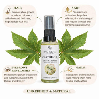 Marusha castor oil bottle with leaf graphics and product benefits on a white background