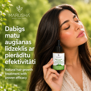 A woman outdoors holds a bottle of Marusha Rosemary Hair Growth & Scalp Treatment Oil. The image features green foliage on the left with Latvian and English text promoting the natural hair growth treatment.