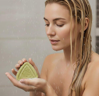 Cietie šampūni ar rozmarīnu un kumelīti gaišiem un sirmiem matiem sievietei rokās dušā