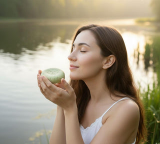 Dabīgas citronzāles ziepes ar skrubi sievietei rokās un viņa smaržo tās