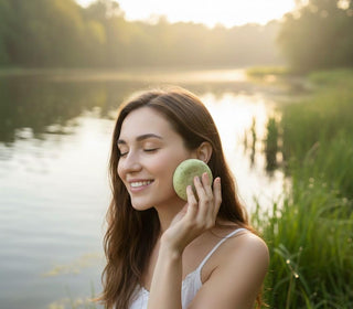 Dabīgas citronzāles ziepes ar skrubi sievietei pieliktas pie sejas lai mazgātu seju