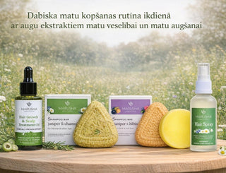 Marusha natural and zero waste hair care products on a wooden surface with a natural background