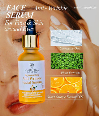 Marusha anti-wrinkle facial serum bottle with text and images of ingredients on a blurred background.