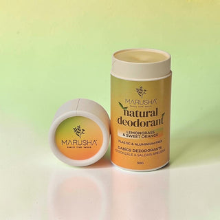 Marusha Natural Deodorant stick bar in Lemongrass & Sweet Orange scent, shown in its cylindrical cardboard container