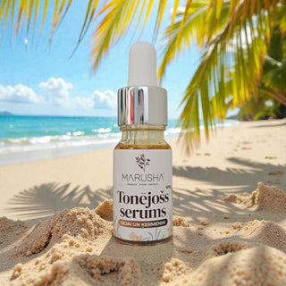 Marusha tonējošā eļļa ķermenim un sejai ar burkānu eļļu un mežrozīšu eļļu pludmalē uz smiltīm