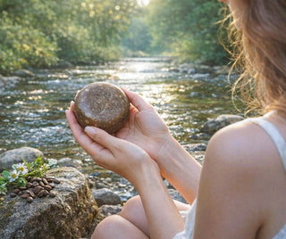 Kafijas ziepes sievietei rokās pie upes