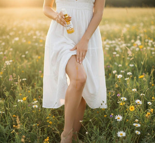 Mitrinoša ķermeņa eļļa ar Smiltsērkšķi un Kliņģerīti sievietei rokās un uz ādas