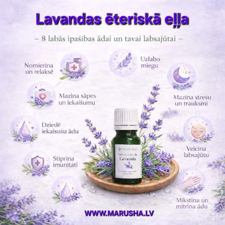 Lavandas ēteriskā eļļa ar lavandas ziediem ar aprakstu kā tā palīdz labsajūtai un kādas ir 8 labās īpašības ādai