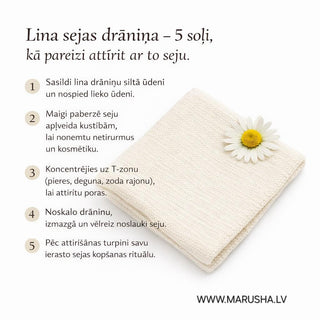 Sejas mazgāšanas spilventiņi un balti lina dvieļi sejas mazgāšanai un pieci soļi kā tos lietot