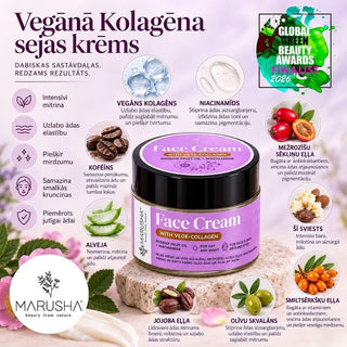 Marusha Kolagēna Sejas krēms un tā dabīgās sastāvdaļas ar iedarbības aprakstu