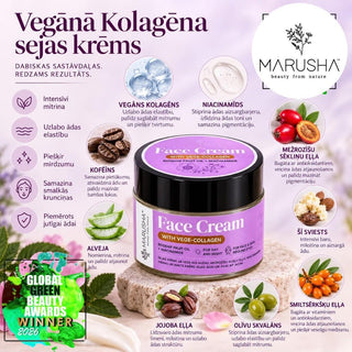 Marusha Kolagēna Sejas krēms sausai āda un acu krēms ar tā dabīgās sastāvdaļas un iedarbības aprakstu