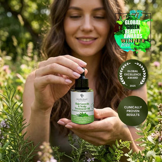 A woman outdoors in a garden setting holds a bottle of Marusha Hair Growth & Scalp Treatment Oil. The image includes three promotional badges on the right: a Global Cheer Beauty Awards 2026 winner badge, a 2025 Global Excellence Award badge, and a Clinically Proven Results badge.