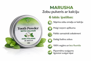 Marusha zobu tīrīšanas pulveris ar 6 labām īpašībām uz balta fona