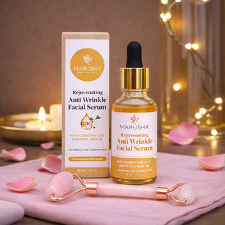Marusha rejuvenating anti wrinkle facial serum with packaging and applicator on a decorative background.
