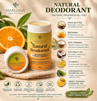 Marusha Natural Deodorant in Sweet Orange Lemongrass scent, shown as a white cylindrical bottle and a matching white jar with a gold lid, surrounded by orange slices, green leaves, and ingredient callouts on a warm beige background.