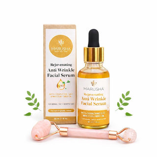 Marusha rejuvenating anti-wrinkle facial serum with packaging, dropper, and roller on a white background