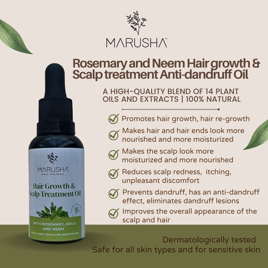 Marusha rosemary and neem extract hair growth oil benefits list to the scalp and hair health