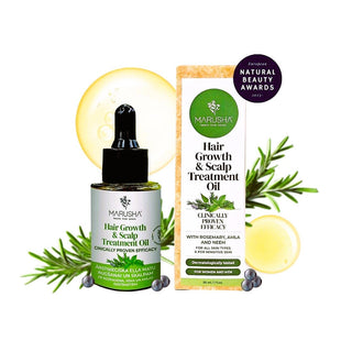 Marusha Hair Growth & Scalp Treatment Oil bottle and box displayed on a white background with decorative rosemary sprigs, blueberries, and lemon slices. A purple badge on the right reads 'Natural Beauty Awards 2024'.