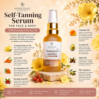 Marusha Self-Tanning Serum for Face & Body, featuring a gold and white pump bottle with a clear cap, set against a warm beige background decorated with botanical illustrations and ingredient callouts.