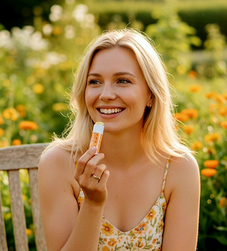 Sieviete tur rokās Marusha Lūpu balzāmu ar bišu vasku un kliņģerīti bez vāciņa baltā viegli kompostējamā kartona tūbā