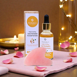 Marusha anti-wrinkle facial serum with packaging on a decorative table with candles and rose petals.