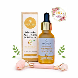 Marusha rejuvenating anti-wrinkle facial serum with packaging, dropper, and roller on a white background