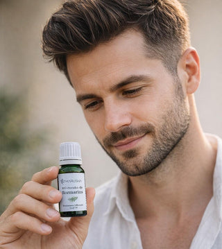 rozmarīna ēteriskā eļļa vīrietim rokās un viņš skatās uz eļļas pudelīti