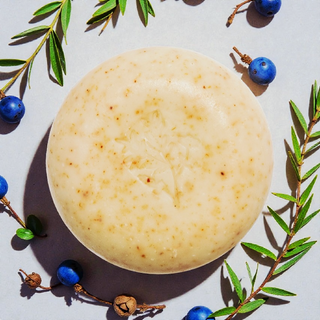 Bar of soap with blueberries and green leaves on a light background