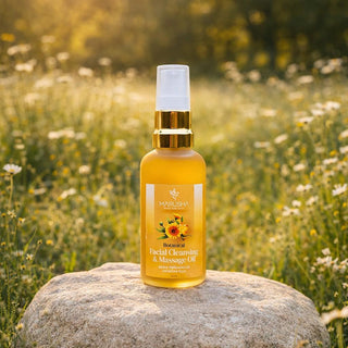 Bottle of Marusha Botanical Facial Cleansing & Massage Oil on a rock with a blurred natural background