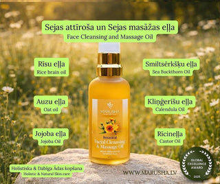 Marusha Botanical Face Cleansing and Massage Oil bottle with ingredients listed against a natural background