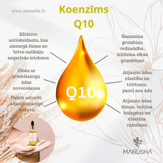koenzīma q10 labās īpašības MARUSHA dabīgajā sejas serumā pret grumbām un sausai jutīgai ādai