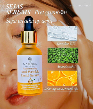 Marusha Rejuvenating Anti-Wrinkle Facial Serum bottle with close-up of face and ingredients on a beige background