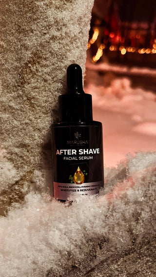 Beard oil and after shave serum for man in winter snow