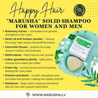 Marusha Solid Shampoo for women and men, featuring a bright yellow background with product benefits listed in text and a circular inset showing the white and green shampoo box alongside a beige solid shampoo bar.