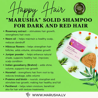 Marusha Solid Shampoo for dark and red hair, featuring a green background with text detailing ingredients and benefits, a circular award badge, and a photo of the shampoo packaging and a brown solid shampoo bar.