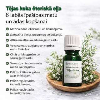 Tējas koka ēteriskā eļļa uz koka paplātes un 8 labās īpašības matu un ādas kopšanai