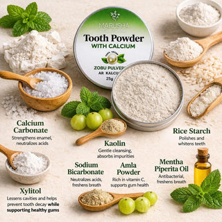 Marusha tooth powder with calcium on a light surface with ingredients and benefits listed.